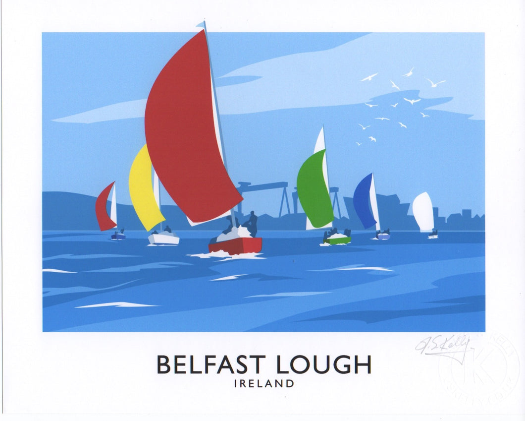 Vintage style art print of yachts in a sailing regatta on Belfast Lough. Silhouettes of the Harland and Wolf cranes and the Titanic Visitor Centre are distinctive in the background.