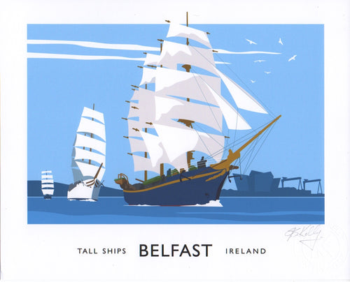 Vintage style art print of tall ships sailing in Belfast Lough.