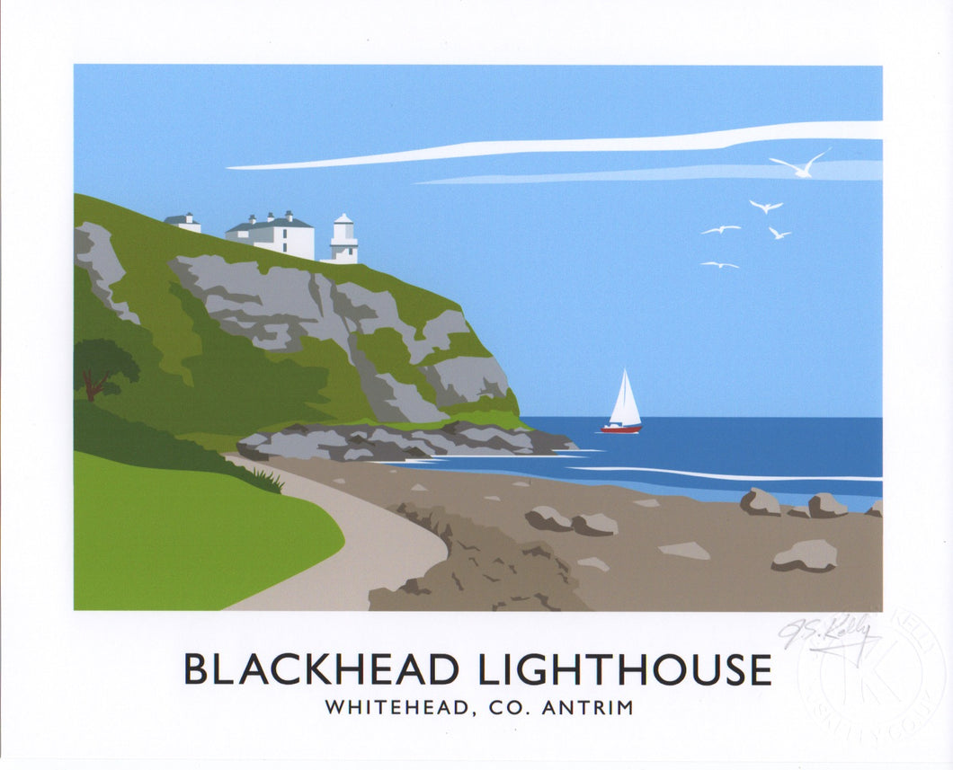 Vintage style art print of Blackhead Lighthouse near Whitehead on the County Antrim coast,  on top of the cliffs overlooking the northern shores of Belfast Lough. 