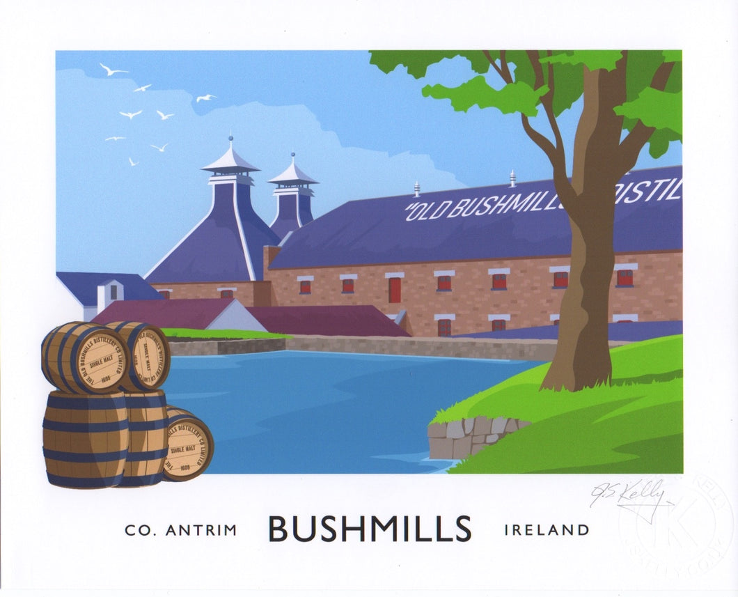 A vintage style art print of the Old Bushmills Distillery at Bushmills, County Antrim.