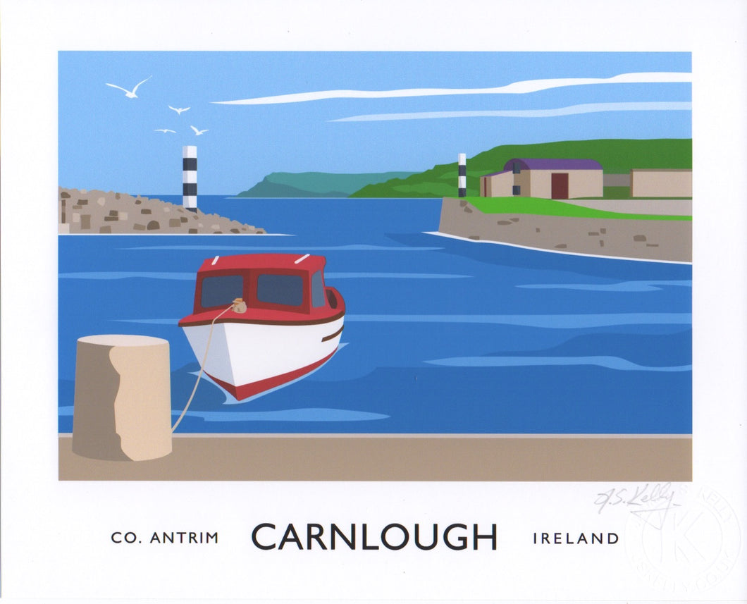 Vintage style travel poster art print of Carnlough Harbour, County Antrim.