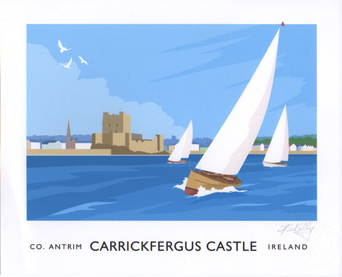 Vintage style art print of sailing yachts on Belfast Lough offshore from Carrickfergus on the County Antrim coast.