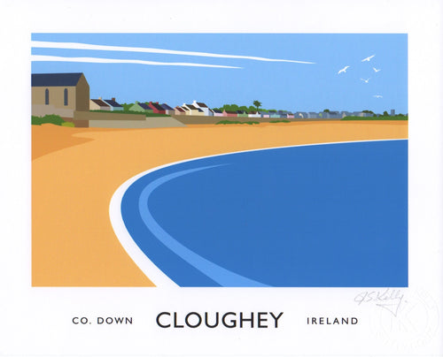 Vintage art print of the tranquil and picturesque seaside village of Cloughey on the east coast of the Ards Peninsula in County Down, North of Ireland