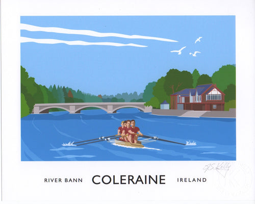 Vintage style travel poster art print of rowers on the River Bann at Coleraine.