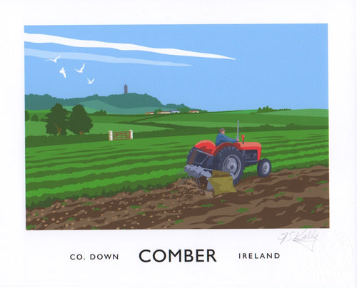 Vintage style art print of potato harvesting near Comber in County Down.This scene features a farmer driving an iconic Massey Ferguson 35.