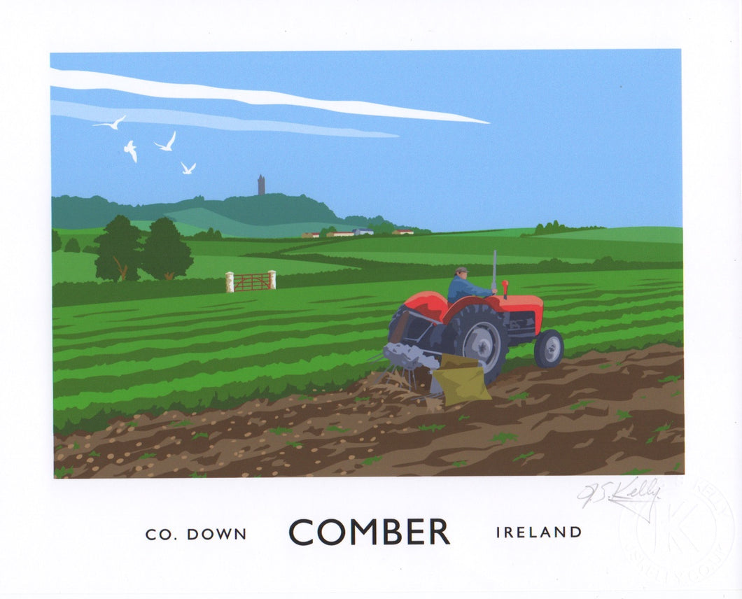 Vintage style art print of potato harvesting near Comber in County Down.This scene features a farmer driving an iconic Massey Ferguson 35.