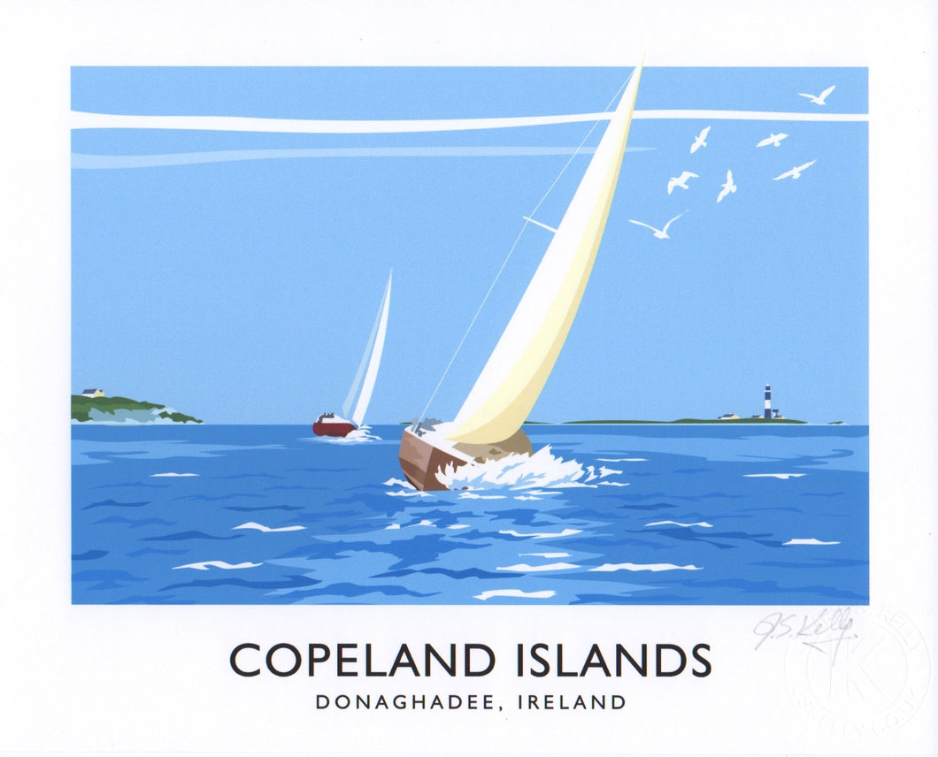 Vintage style travel poster art print of sailing yachts off the Copeland Islands, Donaghadee 
