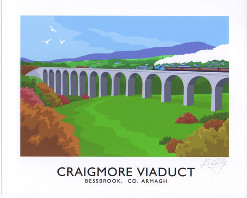 Vintage style art print of a steam train on the Craigmore Viaduct, a railway bridge at Bessbrook near Newry in  County Armagh, locally known as the 18 Arches.