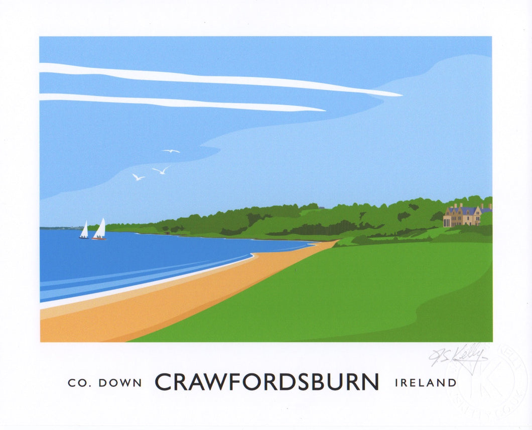 Vintage style travel poster art print of Crawfordsburn Country Park, County Down.