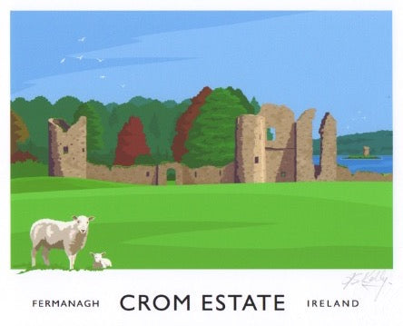 Vintage style art print of the old castle ruins at Crom, County Fermanagh.  The Crom Estate (pronounced crumb) is a nature reserve located in the south of County Fermanagh,  along the shores of Upper Lough Erne. 