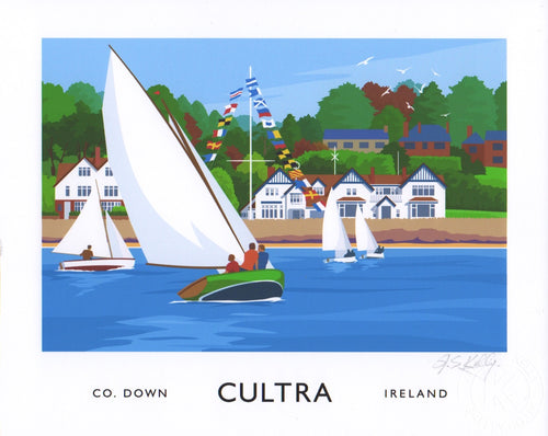 Vintage style travel poster art print of sailing yachts at Cultra, County Down.