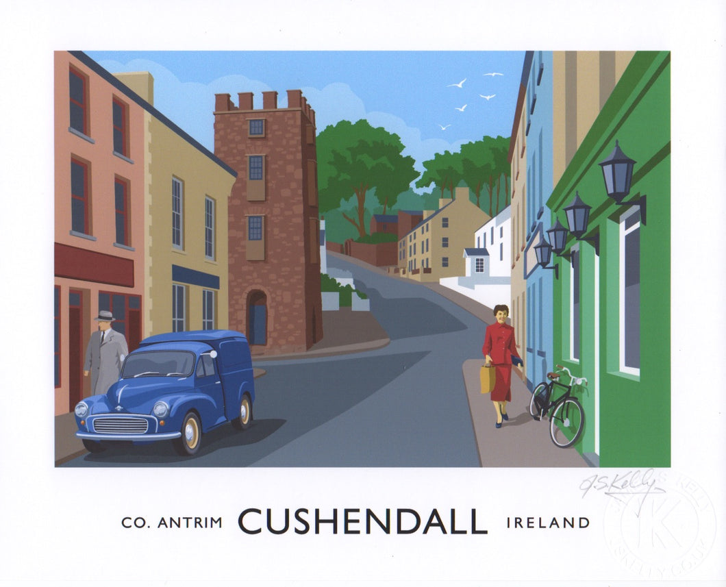 Vintage style travel poster art print of Cushendall, County Antrim.