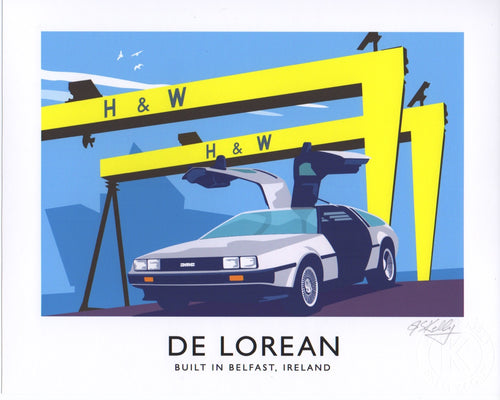 Vintage style art print of a DeLorean (built in Belfast) which was made famous by the Back To The Future movies.