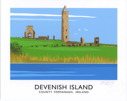 Vintage style travel poster art print of Devenish Island, Fermanagh showing the round tower thought to date from the 12th century.