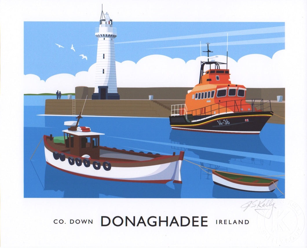 Vintage style art print of Donaghadee harbour, lighthouse and RNLI Lifeboat.