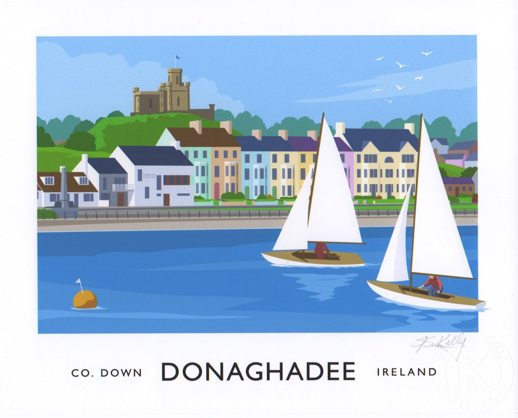 Vintage style travel poster art print of sailing boats off the seafront at Donaghadee, County Down.