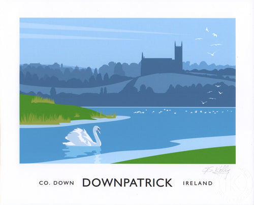 Vintage style travel poster art print of Down Cathedral and Downpatrick viewed from across the River Quoile by the ruins of Inch Abbey.