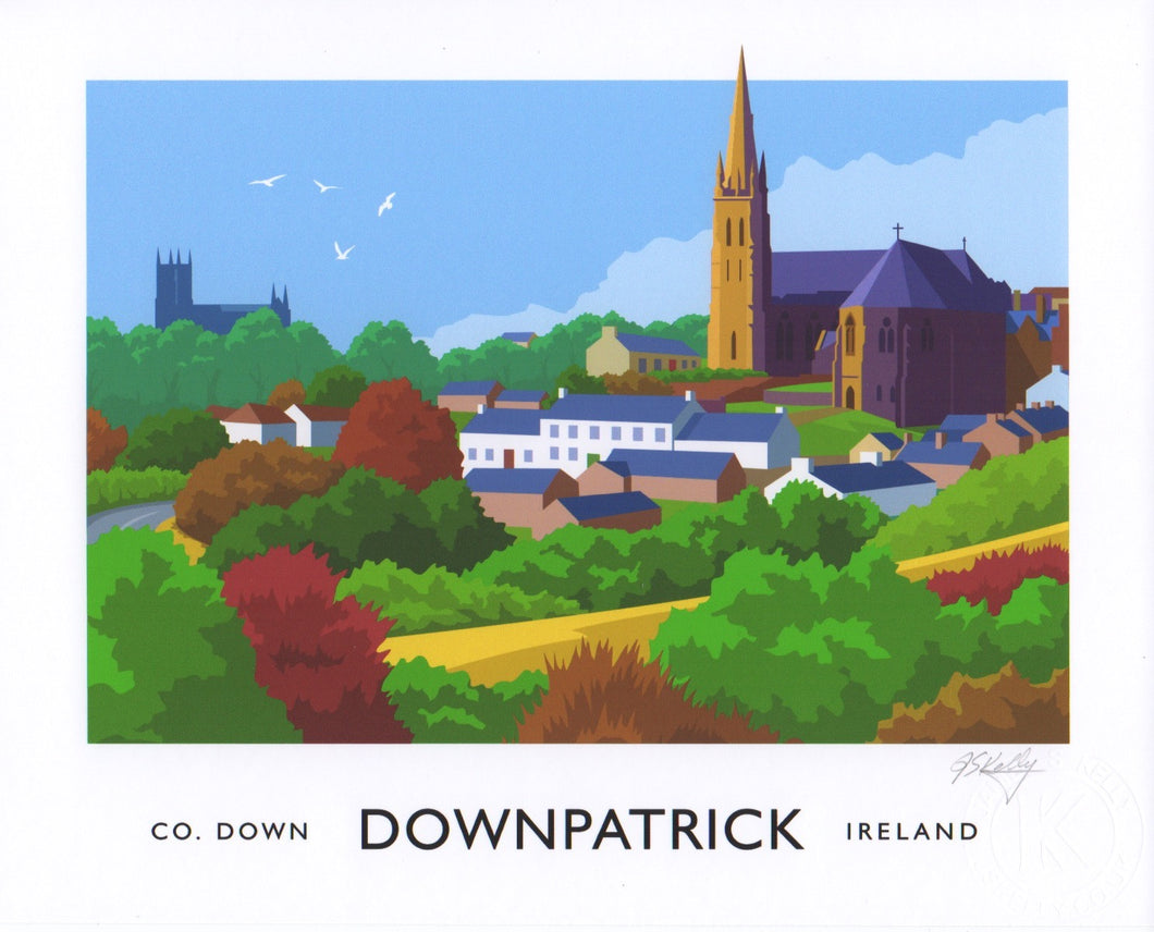 A vintage style art print of the Downpatrick skyline with St Patricks Church  in the foreground and Down Cathedral in the distance.