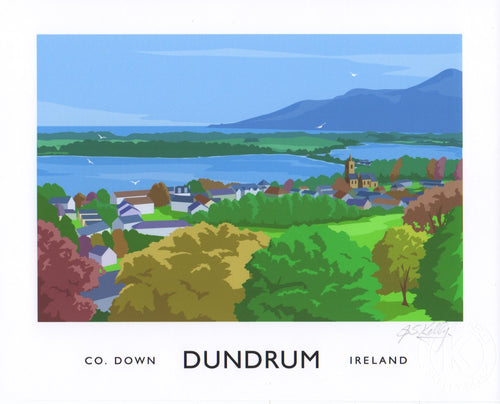 Vintage style art print looking down over the village of Dundrum, Dundrum Bay and Murlough with the Mourne Mountains in the Background.