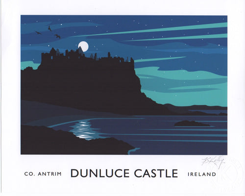 Vintage style art print of the Northern lights over Dunluce Castle, County Antrim.   The dramatic scene of the medieval Dunluce Castle silhouetted on the cliff tops as the Aurora Borealis (Northern Lights) lights up the sky. 