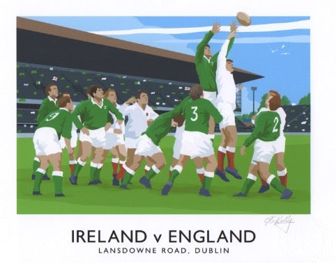 Vintage style travel poster art print of an Ireland v England rugby match at Lansdowne Road, Dublin