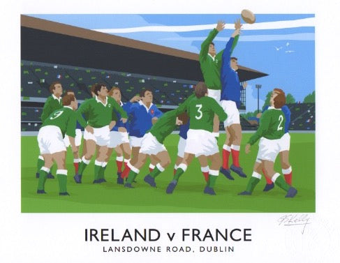Vintage style travel poster art print of an Ireland v France rugby match at Lansdowne Road, Dublin