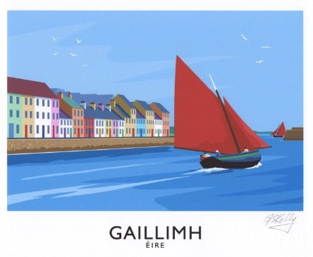 Irish language versionVintage style art print of Galway Hooker sailing boats by The Long Walk in The Claddagh district of Galway city.