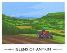 Load image into Gallery viewer, Vintage style art print of a Massey Ferguson 35 tractor ploughing a field in Glenariff in the Glens of Antrim.
