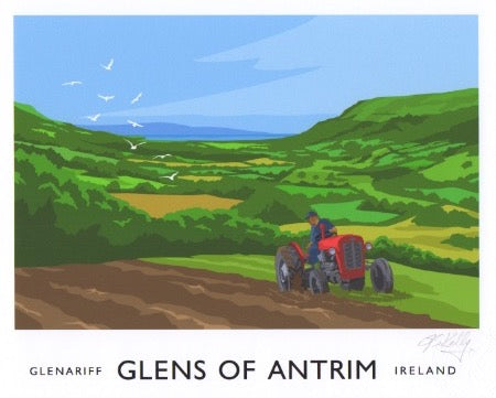 Vintage style art print of a Massey Ferguson 35 tractor ploughing a field in Glenariff in the Glens of Antrim.