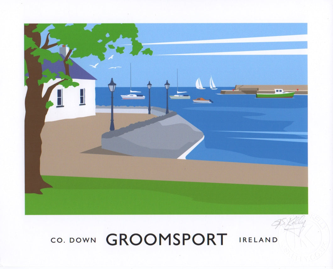 Vintage style art print of Groomsport Harbour and Cockle Row Cottages, County Down.