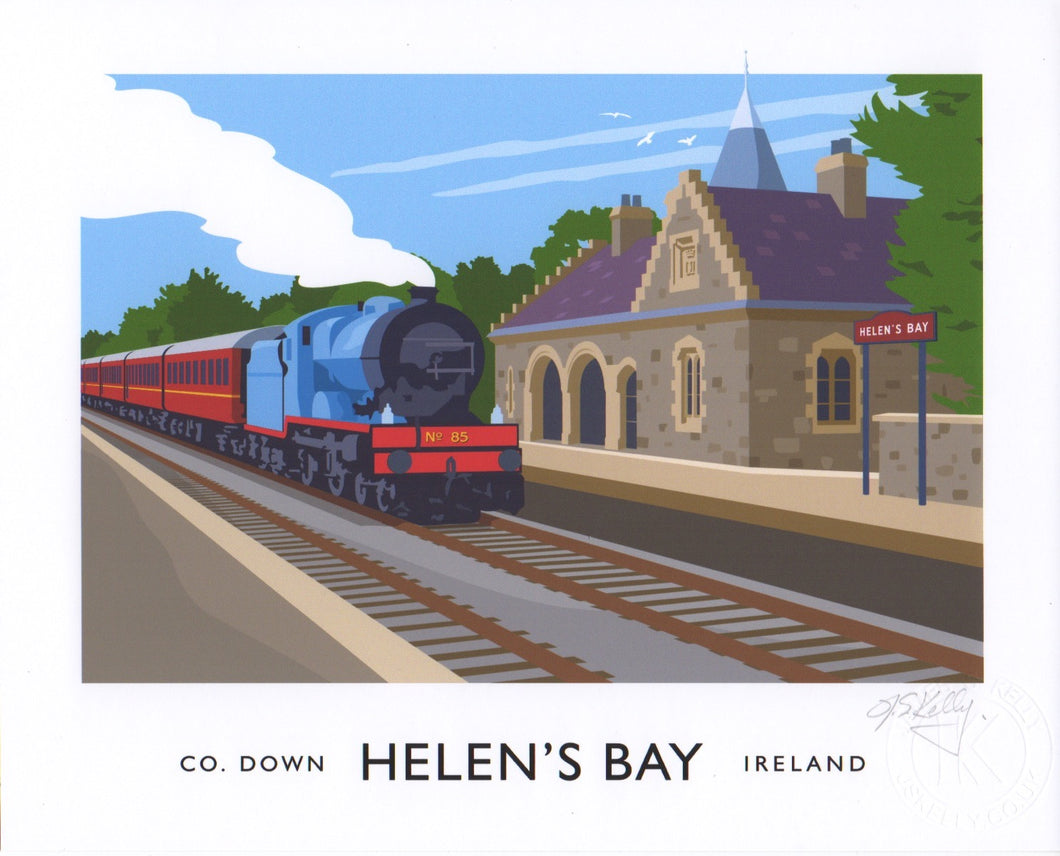 Vintage art print of a  steam train passing through Helen’s Bay railway halt on route to Bangor, County Down.