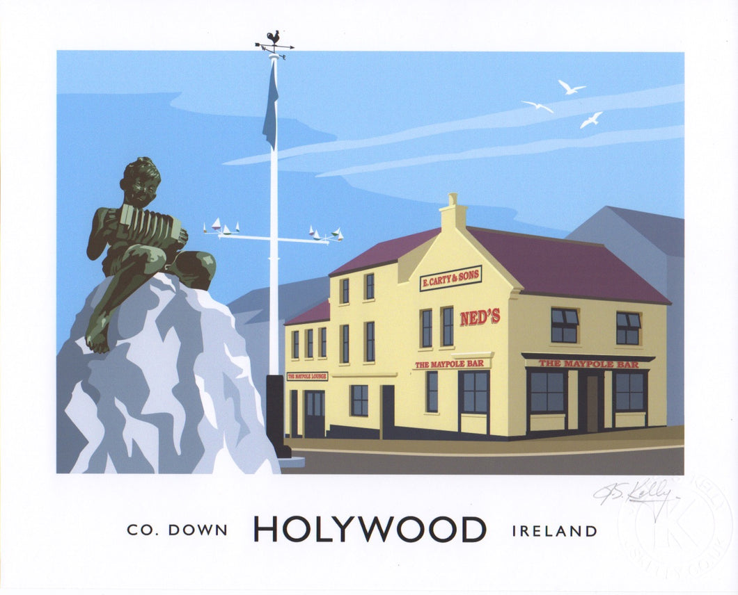 Vintage style art print of Holywood, County Down showing the Maypole, Maypole (Ned's) Bar and Johnny the Jig in Holywood on the shore of Belfast Lough