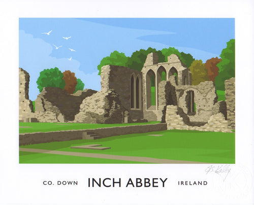 Vintage style art print of Inch Abbey, Co Down