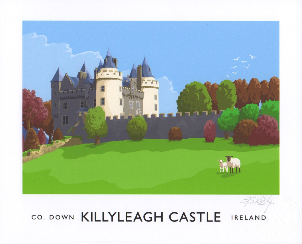 Vintage style travel poster art print of the 12th castle at Killyleagh, Co. Down.