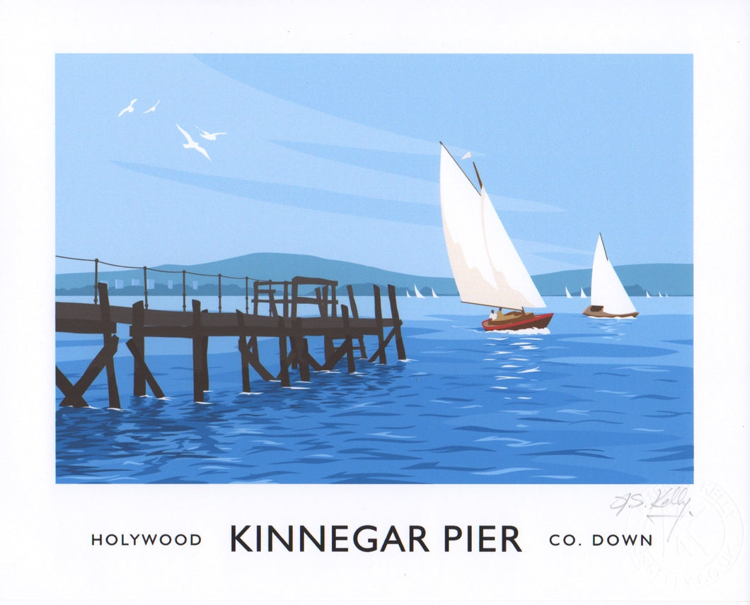 Vintage style art print of yachts sailing on Belfast Lough near Kinnegar Pier at Holywood County Down.