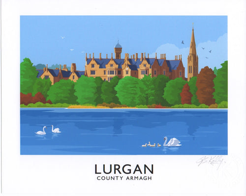 Vintage style art print of Lurgan Park with Brownlow House in the background.