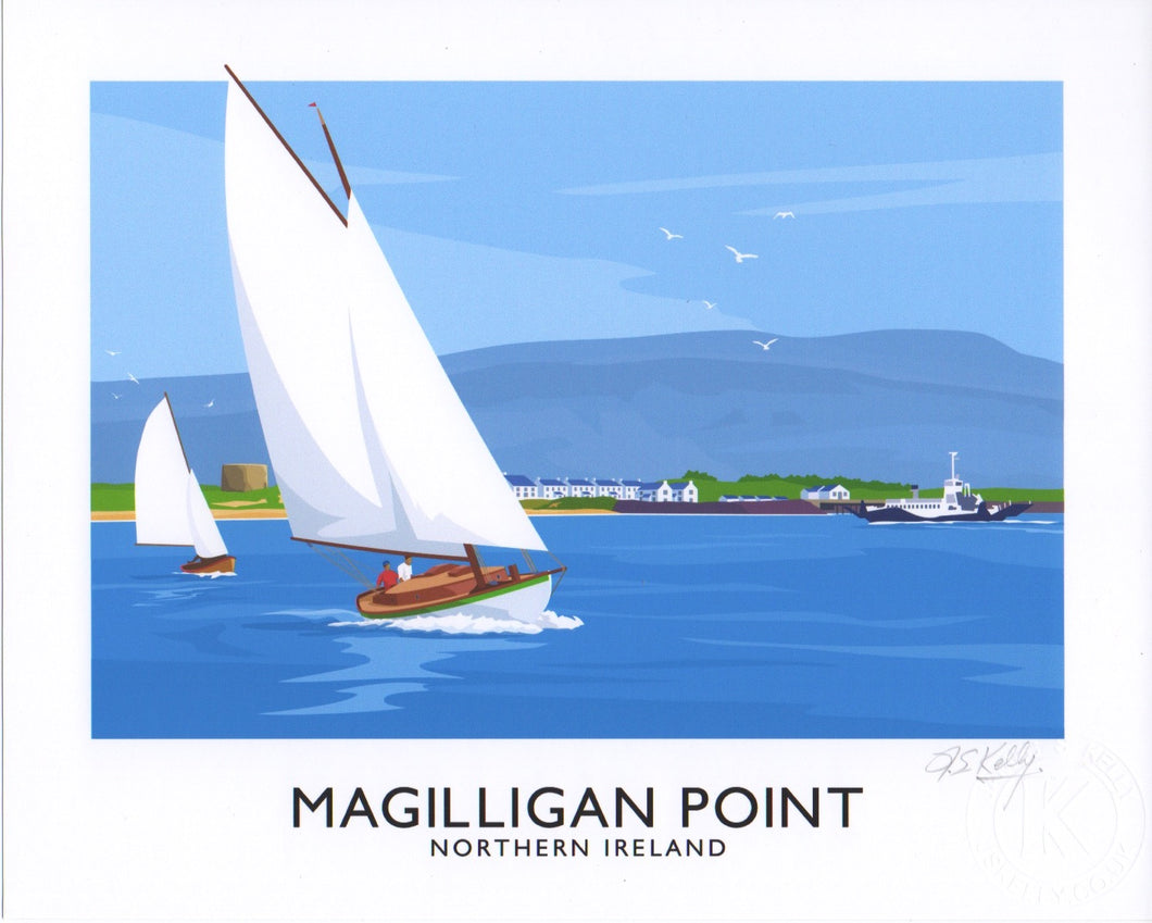 A vintage style art print of sailing yachts off Magilligain Point, County Derry.