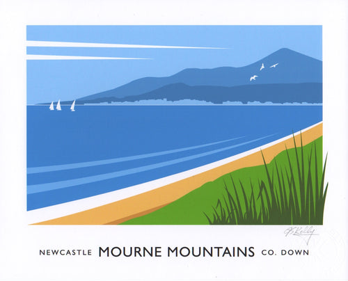 Vintage style art print of Murlough Beach and the Mourne Mountains at Newcastle, County Down.