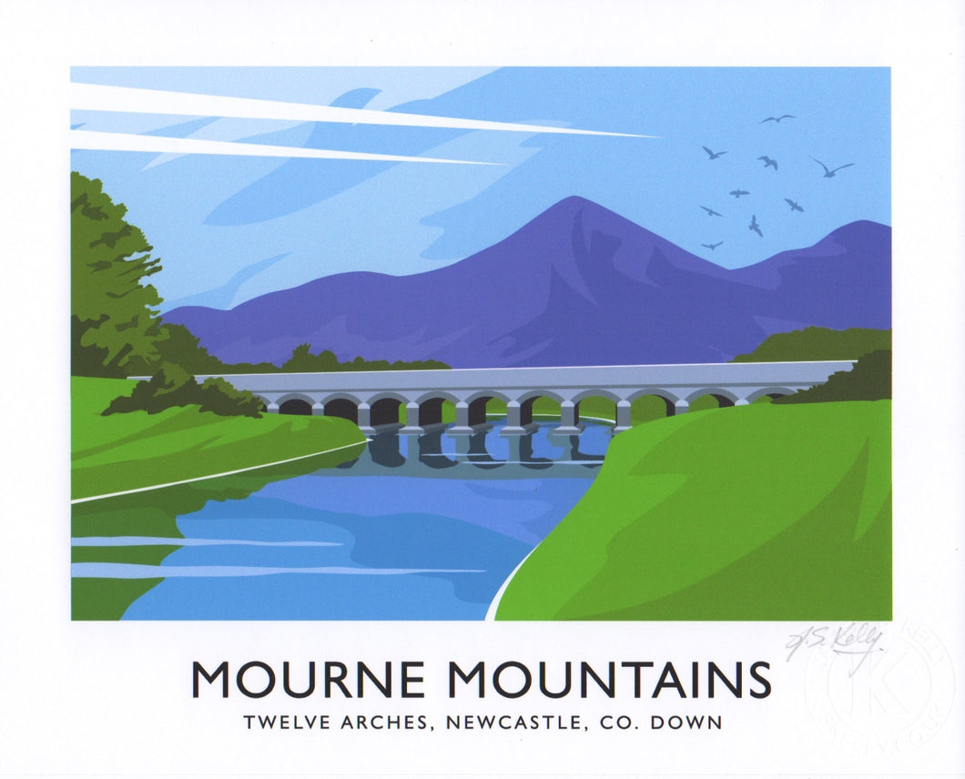 Vintage style travel poster art print of the Mountains of Mourne viewed from below the Twelve Arches bridge outside Newcastle, County Down