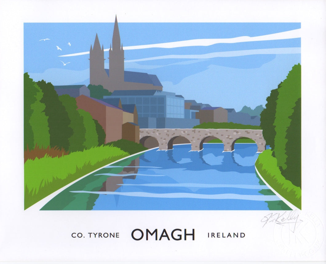Vintage style art print of Omagh Town, County Tyrone. 
