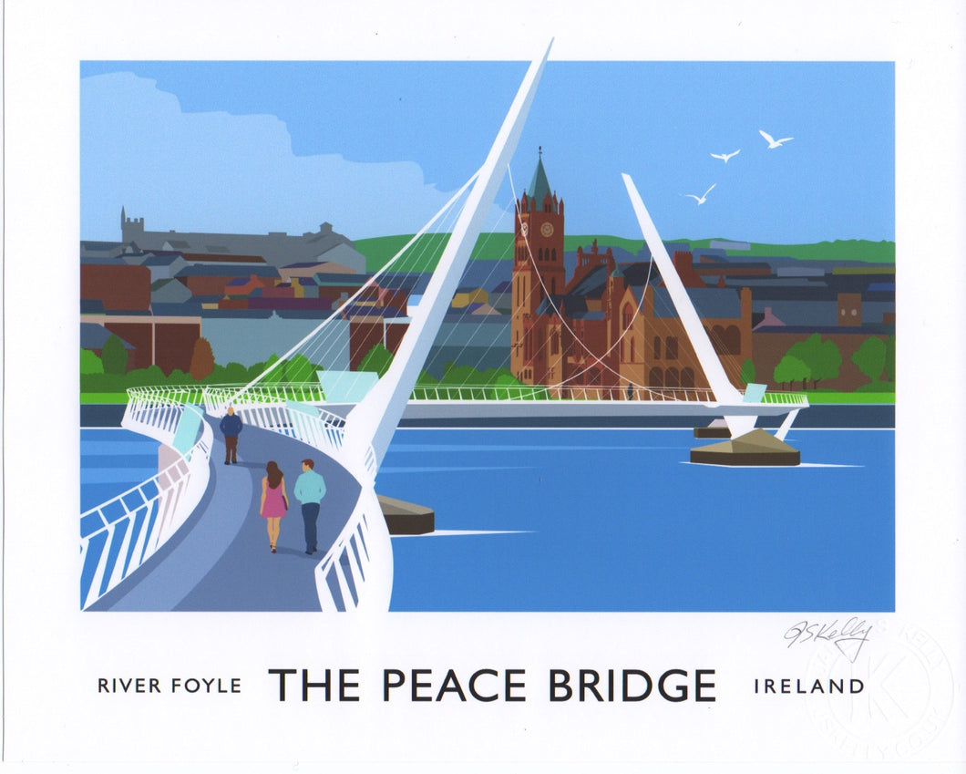 Vintage style art print of the stunning new Peace Bridge over the River Foyle with the magnificent Guild Hall in the background.