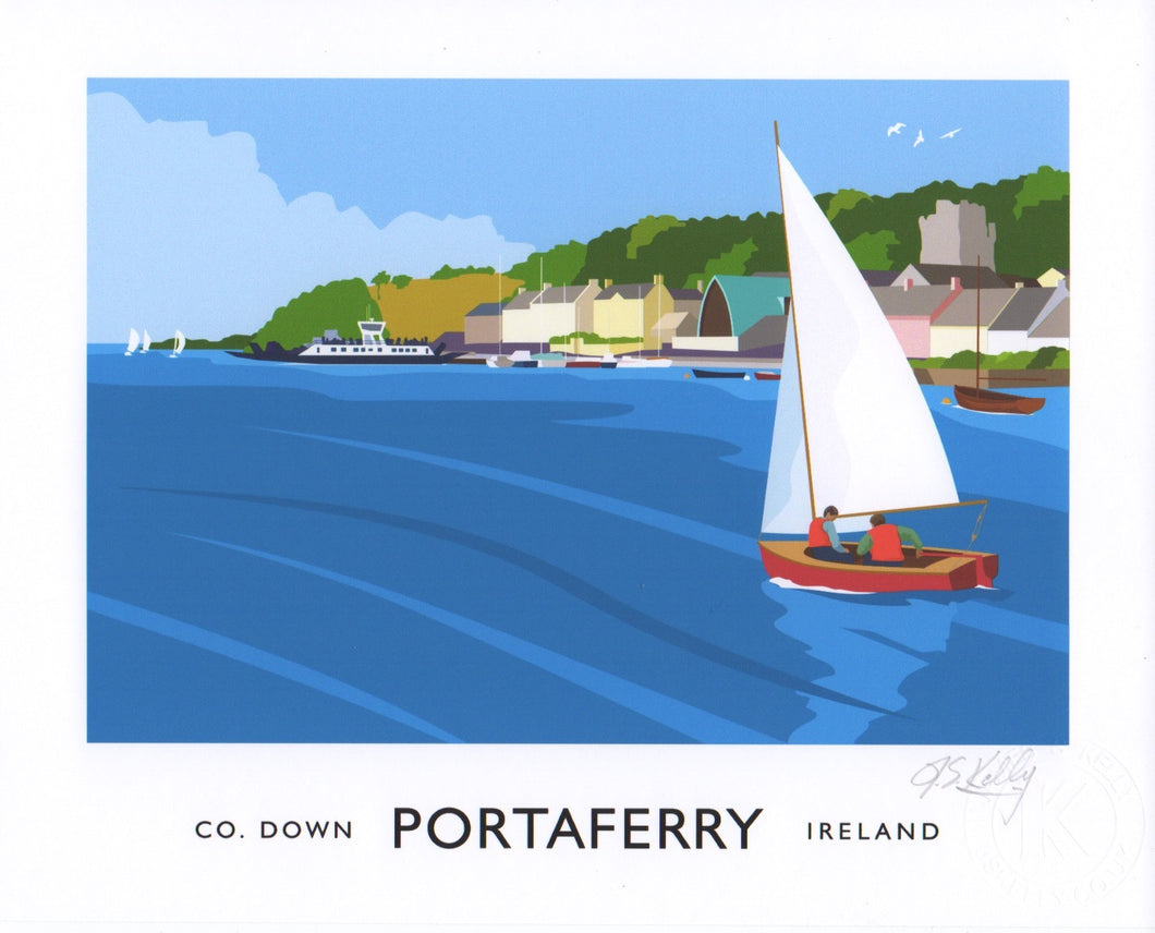 Vintage style art print of the picturesque coastal town of Portaferry, County Down.