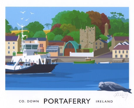 Vintage style art print of The Strangford Ferry with Portaferry Castle and RNLI station in the background.