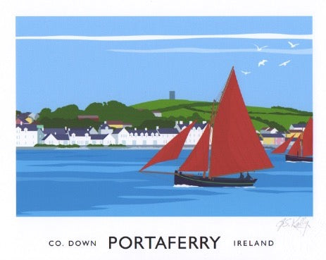 Vintage style art print of Galway Hookers sailing on Strangford Lough at Portaferry.