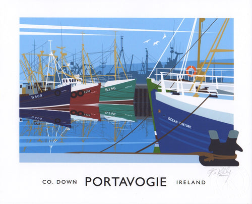 Vintage style art print of Fishing boats moored in Portavogie harbour, County Down. 