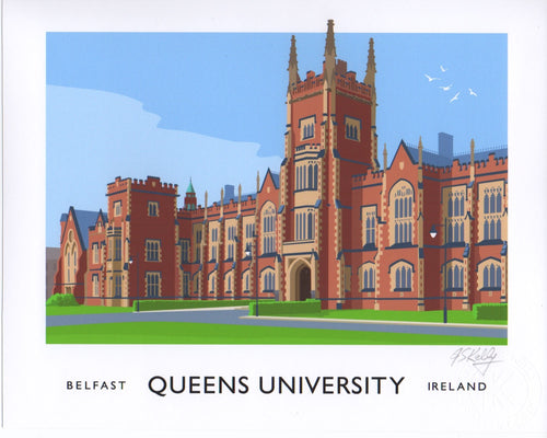 Vintage style art print of Queens University, Belfast.