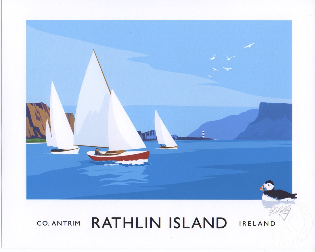 Vintage style art print of yachts sailing on Rathlin Sound between Rathlin Island and Ballycastle, County Antrim, with Rue Lighthouse and Fairhead in the background