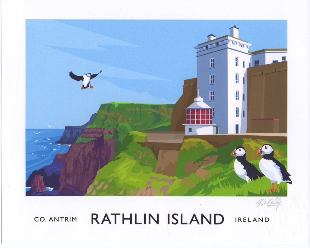 Vintage style art print of the West Lighthouse and Puffins on Rathlin Island, County Antrim.