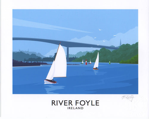 A vintage style art print of sailing boats on the River Foyle near Derry with the Foyle Bridge in the background.