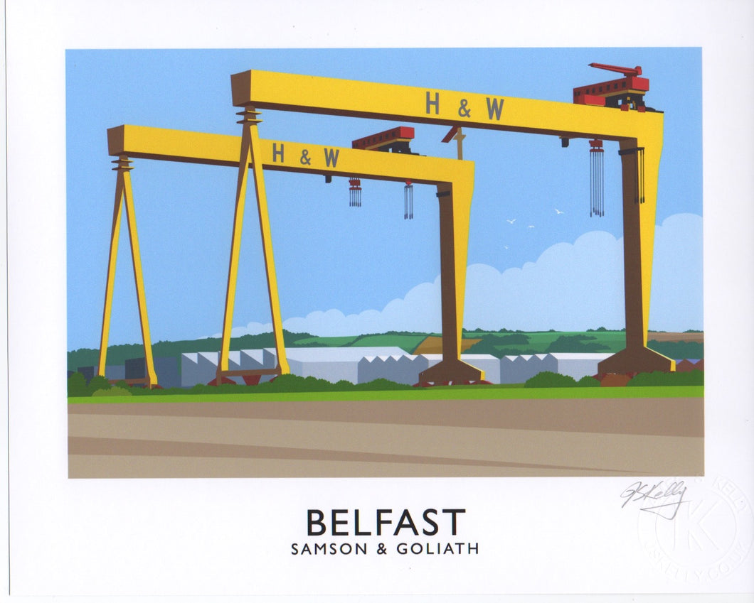 Vintage style art print of Belfast’s iconic Harland and Wolff twin cranes, Samson and Goliath.